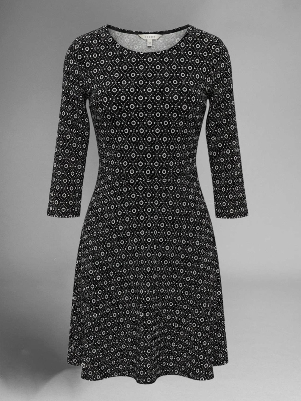 H&M Black and White Geometric Long-Sleeve A-Line Dress